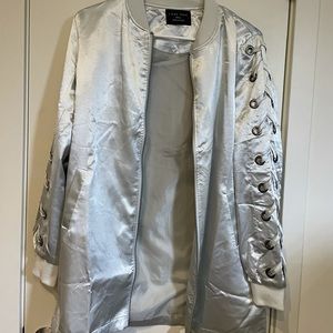 Love True by Forever21 silver iridescent long bomber jacket with sleeve details